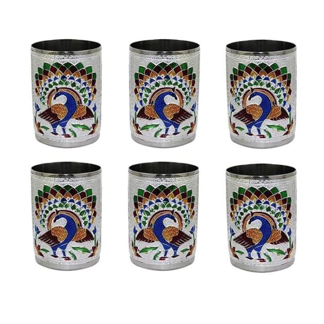 Handcrafted Stainless Steel Meenakari Peacock Design Glass