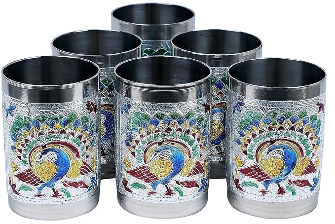 Handcrafted Stainless Steel Meenakari Peacock Design Glass - Image 2